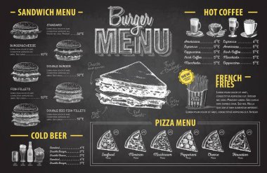 Vintage tebeşir çizim hamburger menü tasarımı. Fast food menü
