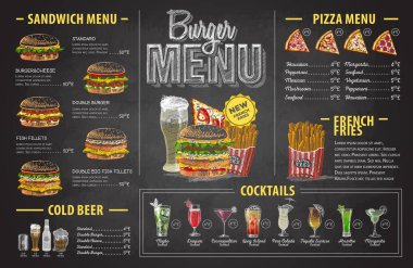 Vintage tebeşir çizim hamburger menü tasarımı. Fast food menü