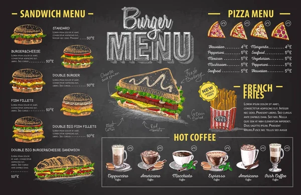 Dessin à la craie vintage burger menu design. Menu de restauration rapide — Image vectorielle