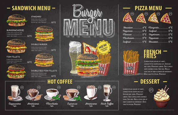 Vintage křídou nakreslený burger menu design. Nabídka rychlého občerstvení — Stockový vektor