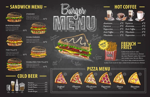 Vintage křídou nakreslený burger menu design. Nabídka rychlého občerstvení — Stockový vektor