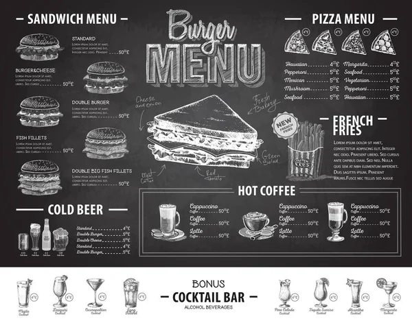 Vintage křídou nakreslený burger menu design. Nabídka rychlého občerstvení — Stockový vektor