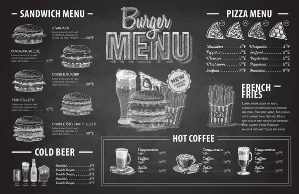 Vintage křídou nakreslený burger menu design. Nabídka rychlého občerstvení — Stockový vektor