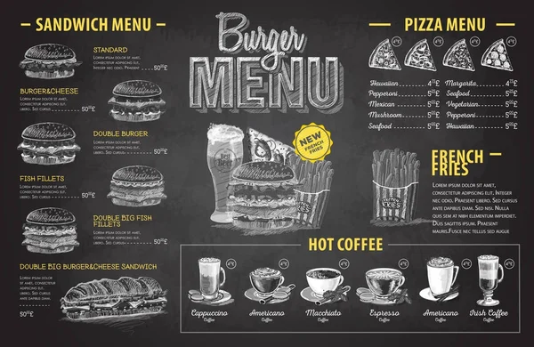 Desenho de giz vintage design de menu de hambúrguer. Menu de fast food — Vetor de Stock
