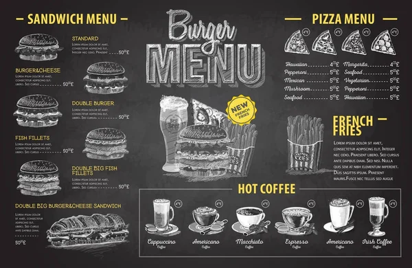 Vintage křídou nakreslený burger menu design. Nabídka rychlého občerstvení — Stockový vektor