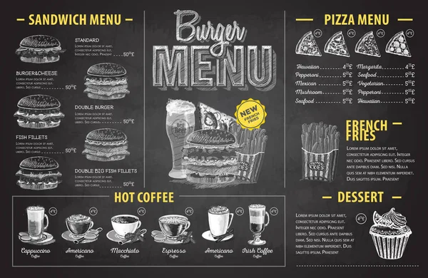 Vintage křídou nakreslený burger menu design. Nabídka rychlého občerstvení — Stockový vektor