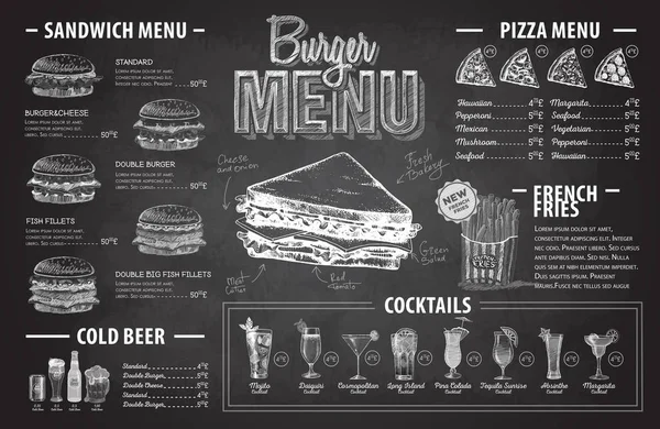 Vintage krita ritning burger meny design. Snabbmat-menyn — Stock vektor