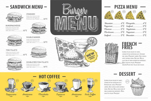 Vintage burger menu design. Nabídka rychlého občerstvení — Stockový vektor