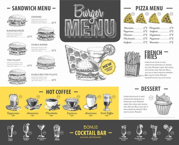 Vintage burger menu design. Nabídka rychlého občerstvení — Stockový vektor