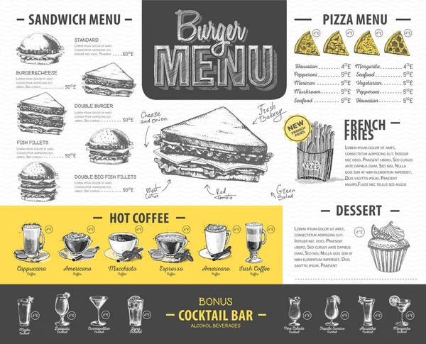 Vintage burger menu design. Nabídka rychlého občerstvení — Stockový vektor