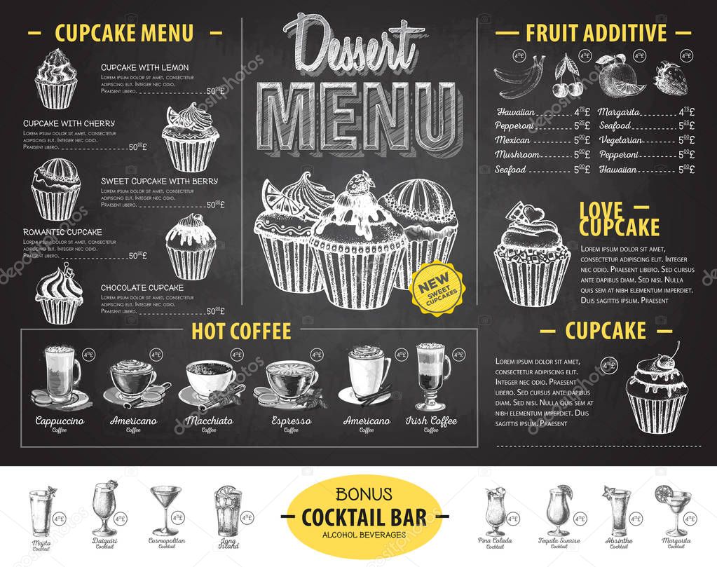 Vintage chalk drawing dessert menu design. Fast food menu