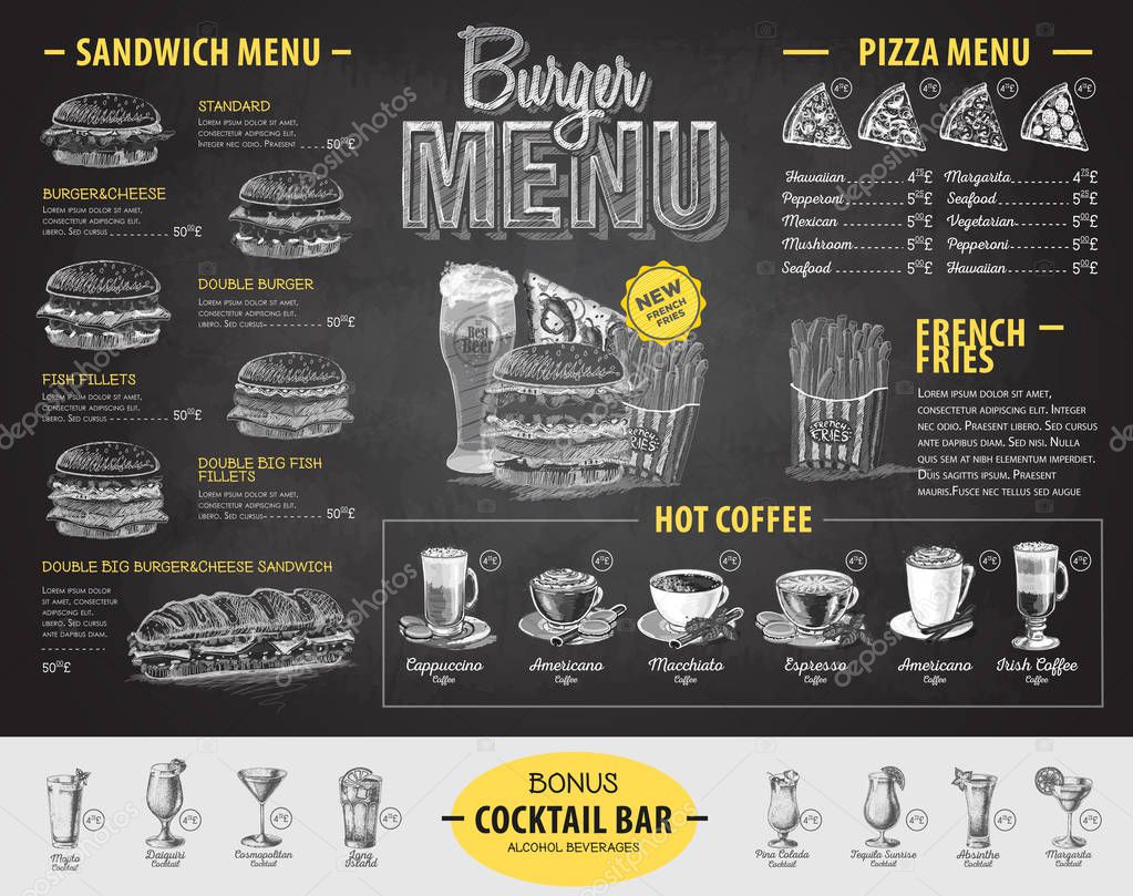 Vintage chalk drawing burger menu design. Fast food menu