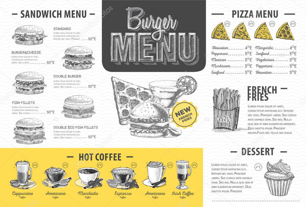 Vintage burger menu design. Fast food menu