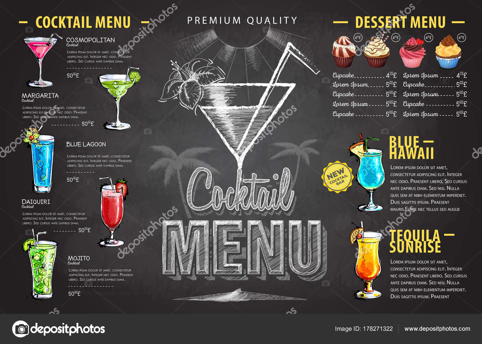 Vector carta de cocteles  Vintage tiza dibujo diseño de carta de