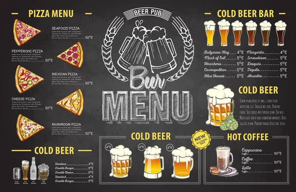Vintage dessin à la craie conception de menu de bière. Menu restaurant — Image vectorielle