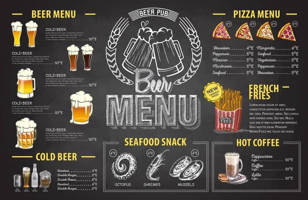 Vintage křídou nakreslený pivo menu design. Menu restaurace — Stockový vektor