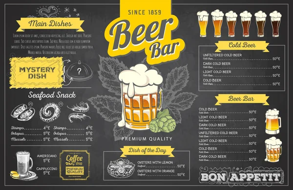 Vintage křídou nakreslený pivo menu design. Menu restaurace — Stockový vektor