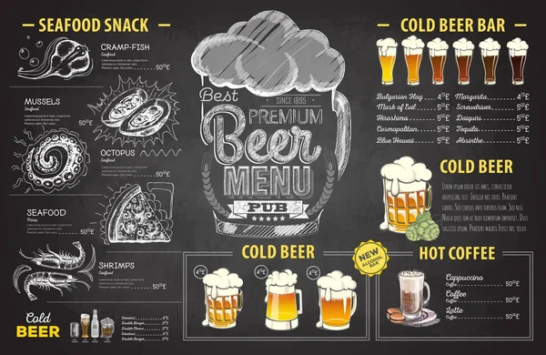 ヴィンテージ チョーク図面ビールのメニューのデザイン。レストランのメニュー — ストックベクタ