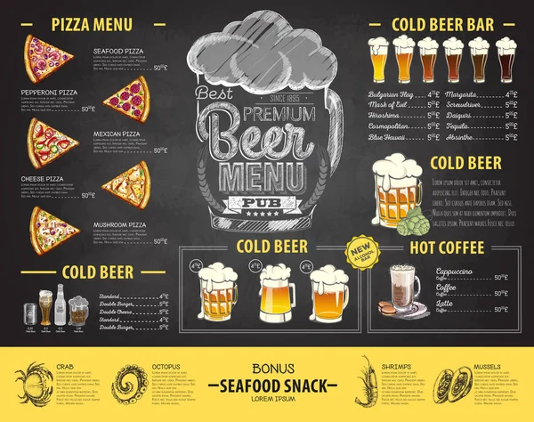 Vintage krijt tekening bier menu ontwerp. Restaurant menu — Stockvector