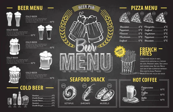 Vintage gesso disegno birra menu di design. Menù ristorante — Vettoriale Stock