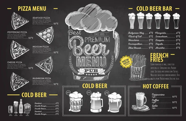 Vintage gesso disegno birra menu di design. Menù ristorante — Vettoriale Stock