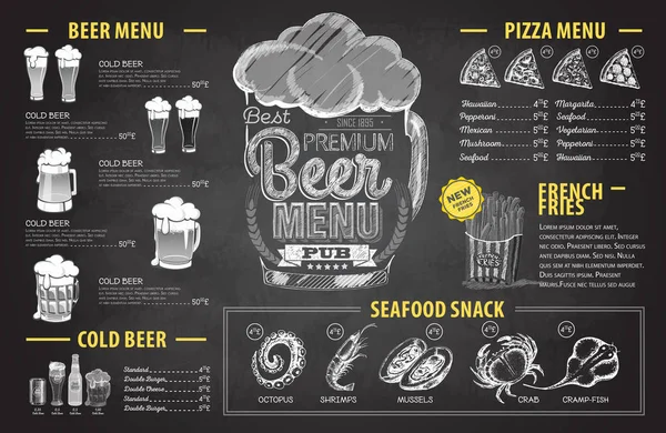 Vintage gesso disegno birra menu di design. Menù ristorante — Vettoriale Stock