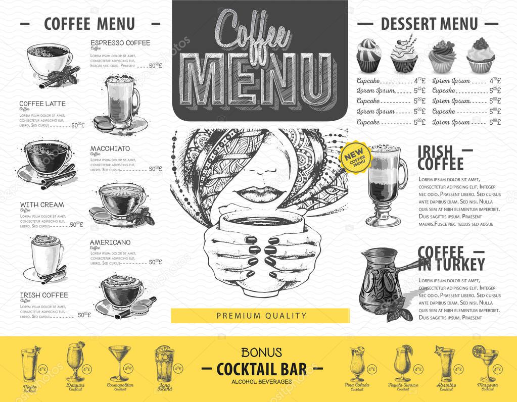 Vintage coffee menu design. Fast food menu