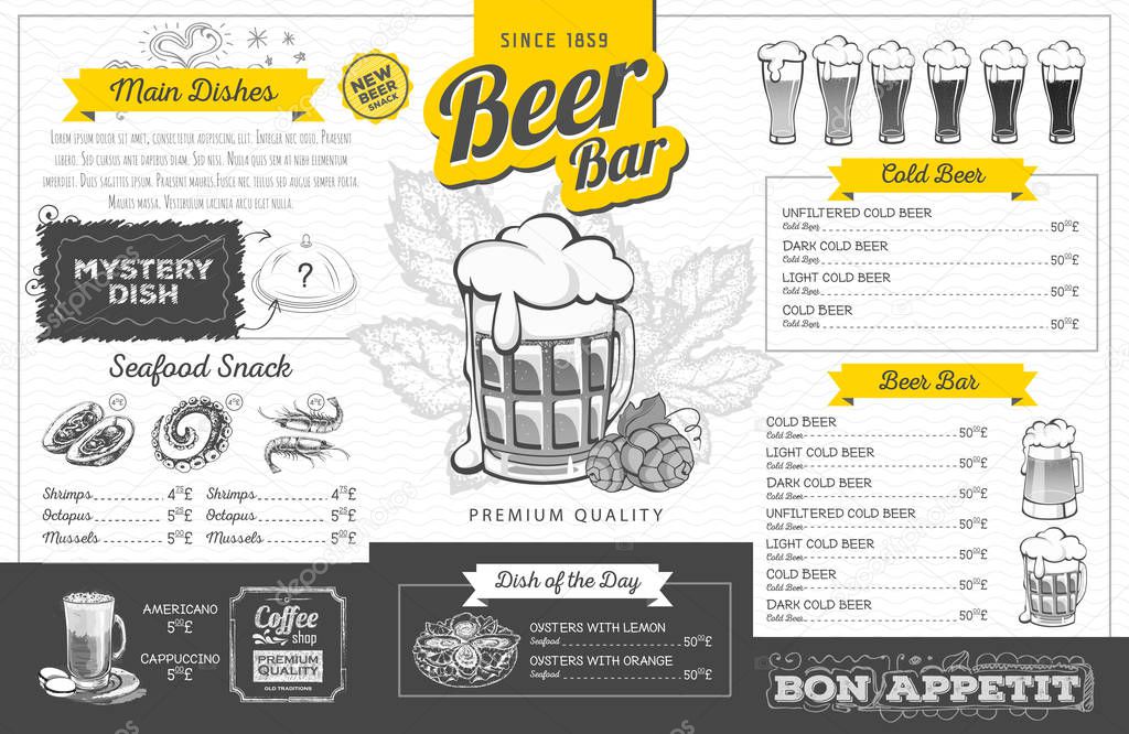 Vintage beer menu design. Restaurant menu
