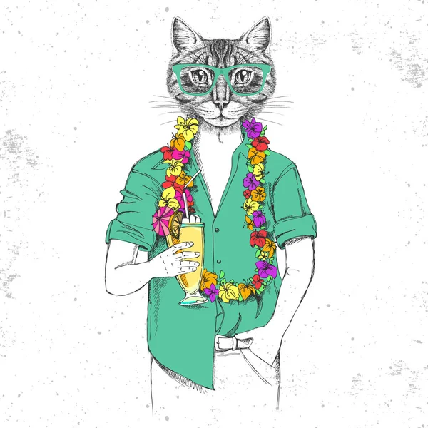 Retro Hipster animal cat with tropic cocktail