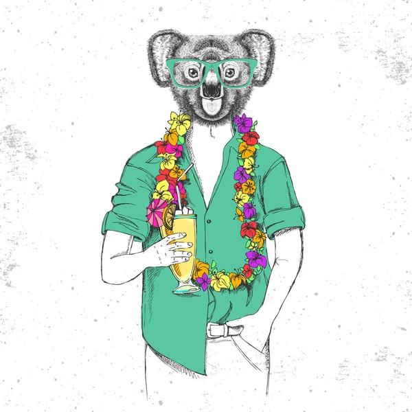 Retro Hipster Tier Koala mit tropischen Cocktail — Stockvektor