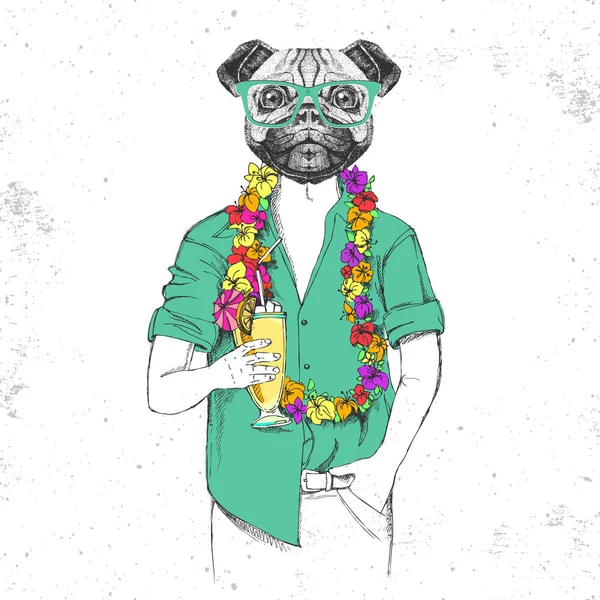 Retro Hipster Tier Mops-Hund mit tropischen Cocktail — Stockvektor