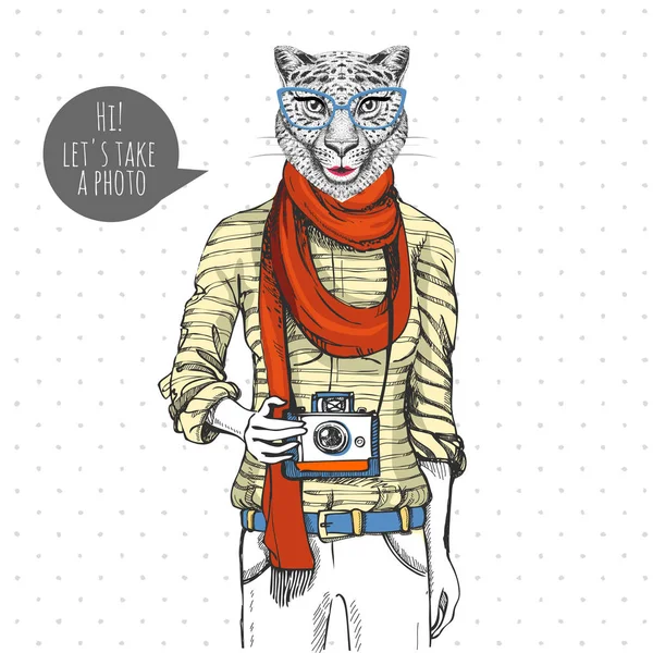 Retro Hipster animale ghepardo con fotocamera fotografica. Modello donna — Vettoriale Stock