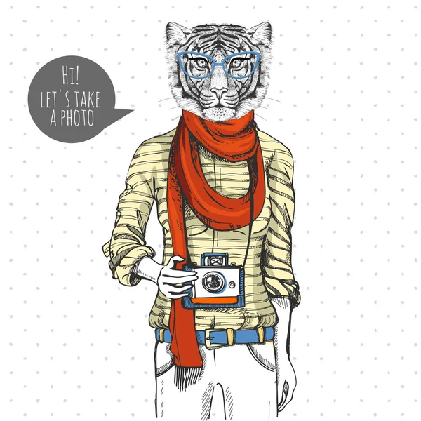 Tigre animale retrò Hipster con fotocamera fotografica. Modello donna — Vettoriale Stock