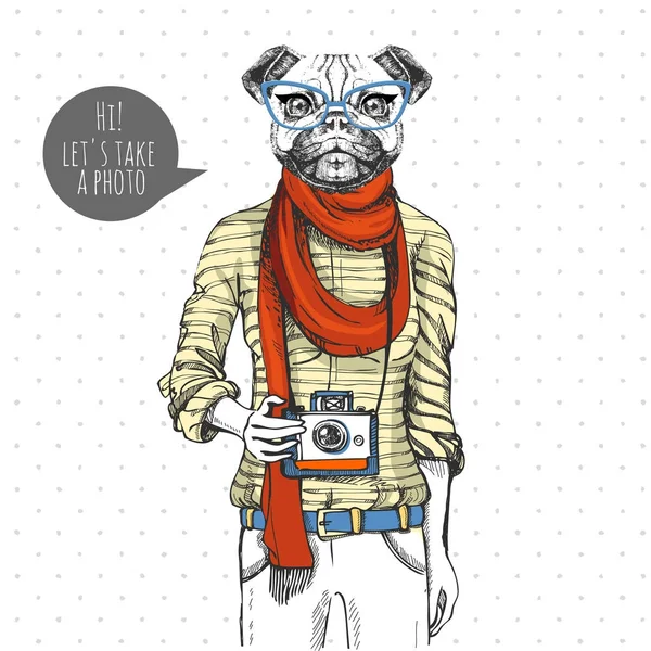 Retro Hipster animal pug-dog with photo camera. Woman model