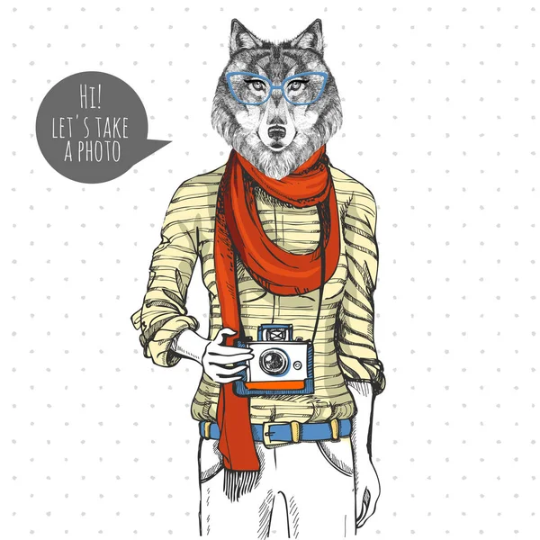 Retro Hipster Tier Wolf mit Fotokamera. Frauenmodell — Stockvektor