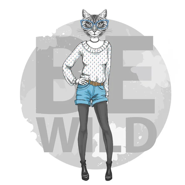 Retro Hipster moda animal gato. Modelo de mujer — Archivo Imágenes Vectoriales