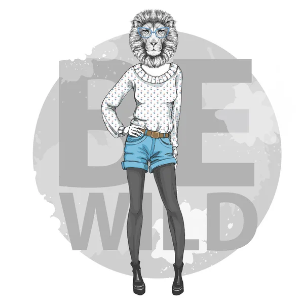 Retro Hipster león animal de moda. Modelo de mujer — Vector de stock