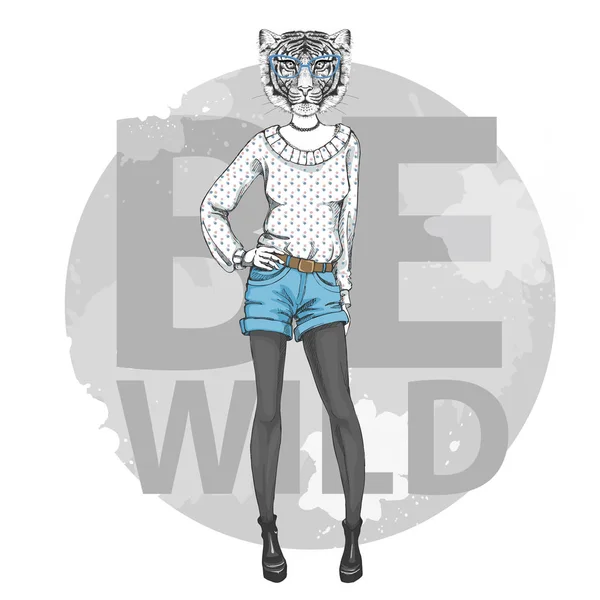 Retro Hipster moda animale tigre. Modello donna — Vettoriale Stock