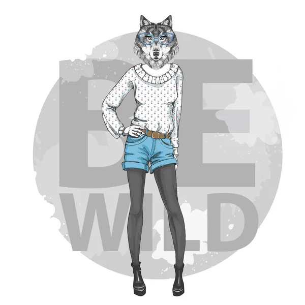 Retro hippi divat állati wolf. Nő minta — Stock Vector