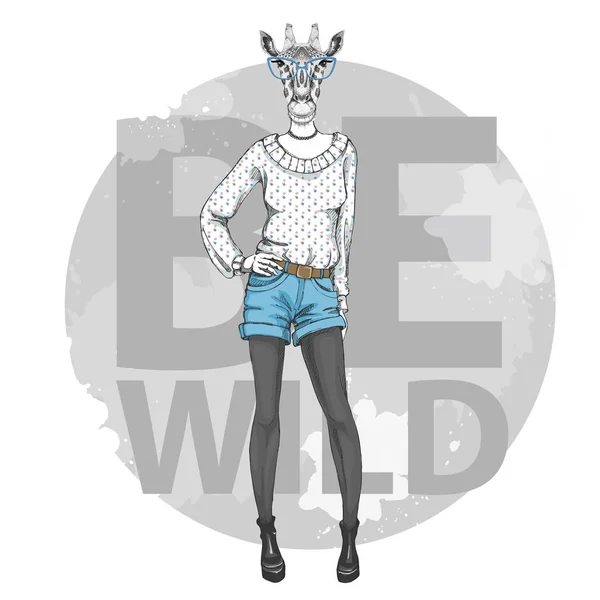 Retro Hipster fashion dierlijke giraffe. Vrouw model — Stockvector