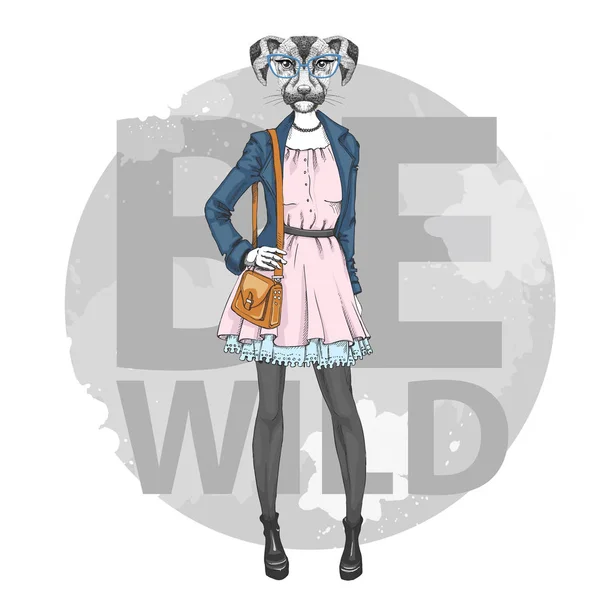 Retro Hipster perro animal de moda. Modelo de mujer — Vector de stock