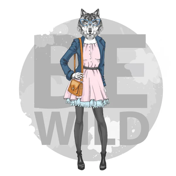 Retro Hipster fashion dierlijke wolf. Vrouw model — Stockvector