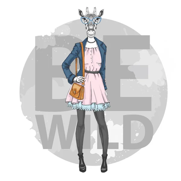 Retro Hipster fashion dierlijke giraffe. Vrouw model — Stockvector