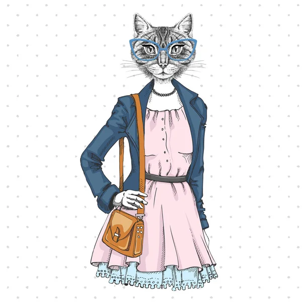 Gatto animale moda Hipster retrò. Modello donna — Vettoriale Stock