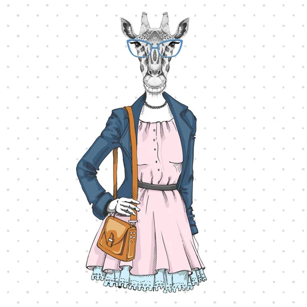 Retro Hipster fashion animal giraffe. Woman model — Διανυσματικό Αρχείο