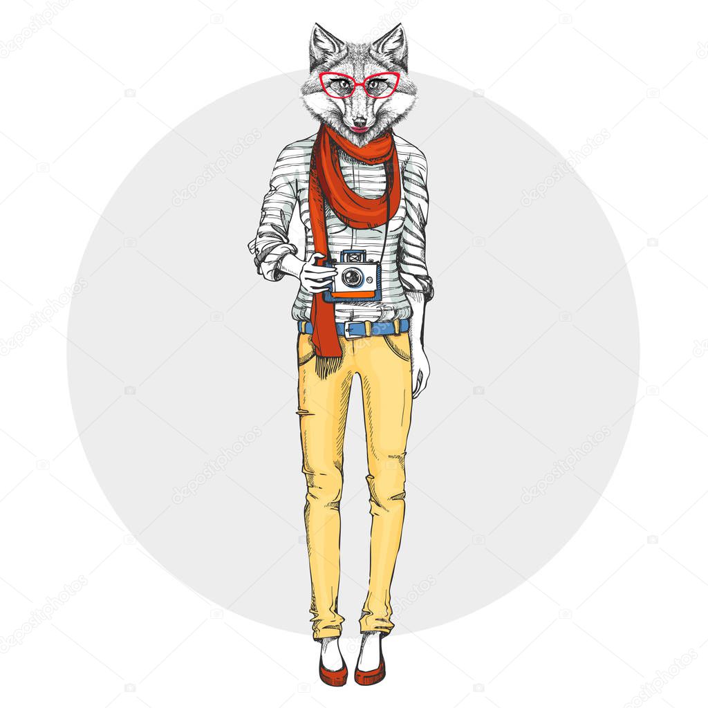 Retro Hipster animal fox with photo camera. Woman model