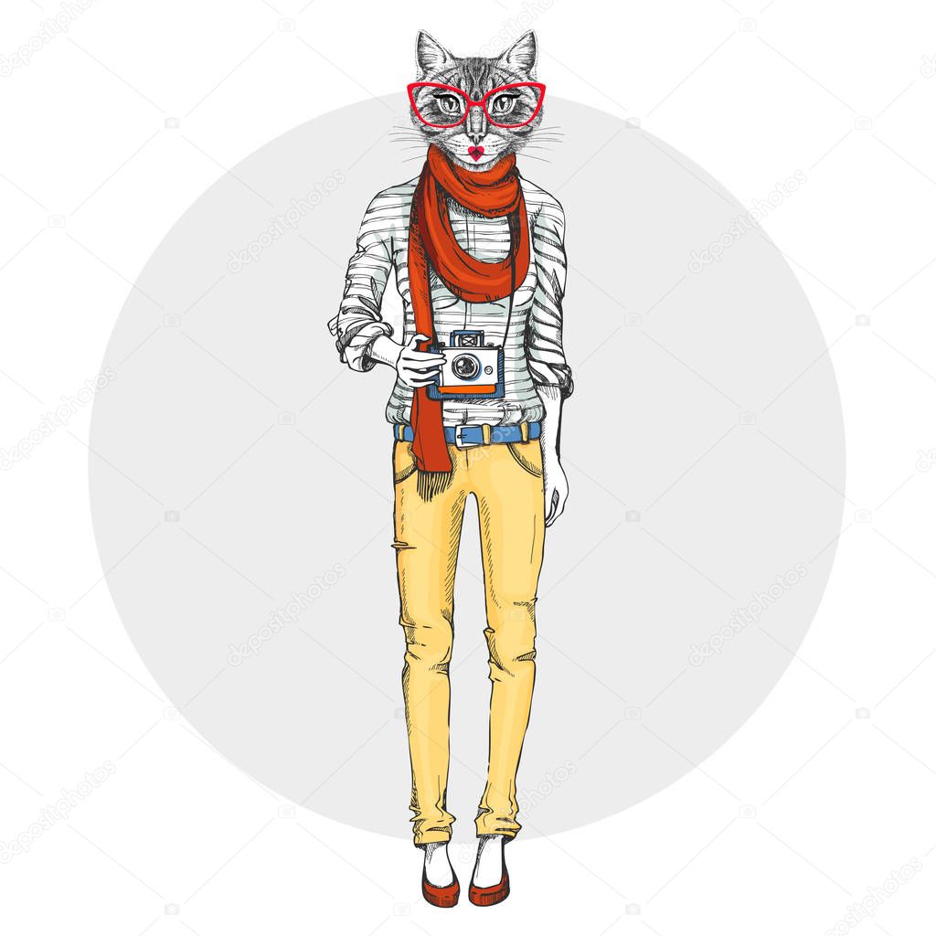 Retro Hipster animal cat with photo camera. Woman model