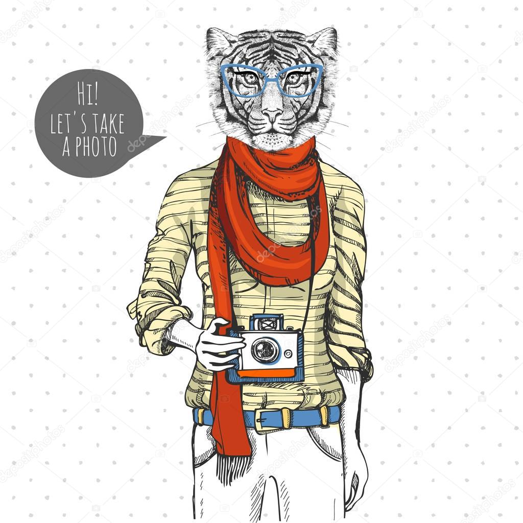 Retro Hipster animal tiger with photo camera. Woman model