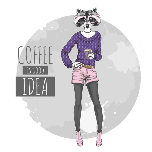レトロな流行に敏感なファッション動物アライグマとコーヒー。女性モデル — ストックベクタ