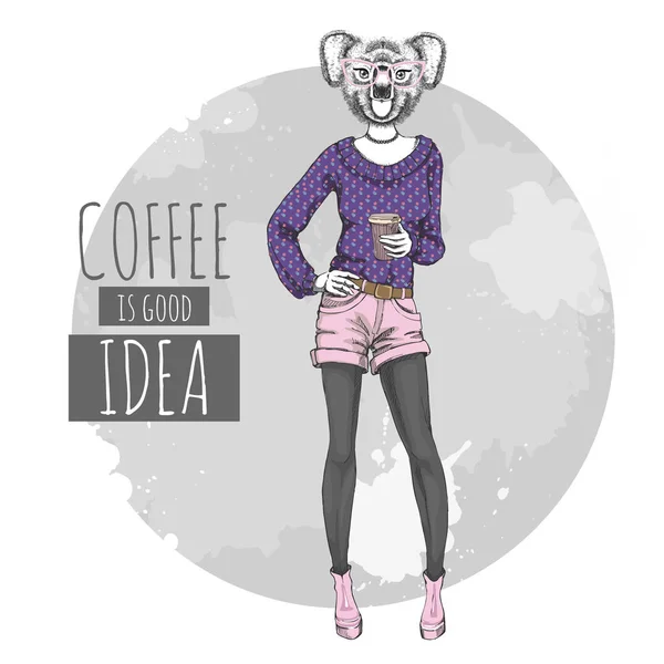 レトロな流行に敏感なファッション動物コアラとコーヒー。女性モデル — ストックベクタ